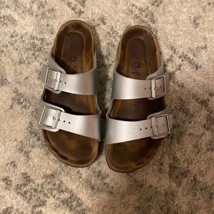 Birkenstock silver Arizona buckle sandals